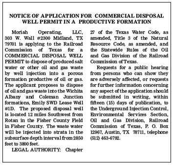 NOTICE OF APPLICATION FOR  COMMERCIAL DISPOSAL WELL PERMIT 