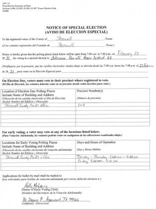 Notice of Special Election in Stonewall County