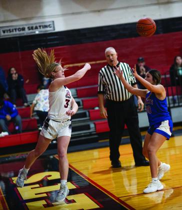 Aspermont's Mylee Van Meter keeps the ball inbounds during the Lady Hornets 63-21 win over Knox City Tuesday night. After defeating the Houndettes for the second time, the Lady Hornets are holding steady in district play at 2nd place. They will take the court this Friday in a non-district matchup at Newcastle starting at 5pm. Photo by Mark Martinez