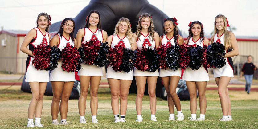 Aspermont Hornet Cheer Squad L-R: Aubrye Conoly, Peyton Calamaco, Jessi Rabel, Regan Polk, Hadley Mclaury, Leah Salazar, Daisy Garcia, Mylee Van Meter. The Hornet Cheer Squad is set to perform this Thursday at the UIL State Spirit Competition in Fort Worth at 11:50am. Performance can be watched at www.nfhsnetwork.com PHOTO BY MARK MARTINEZ
